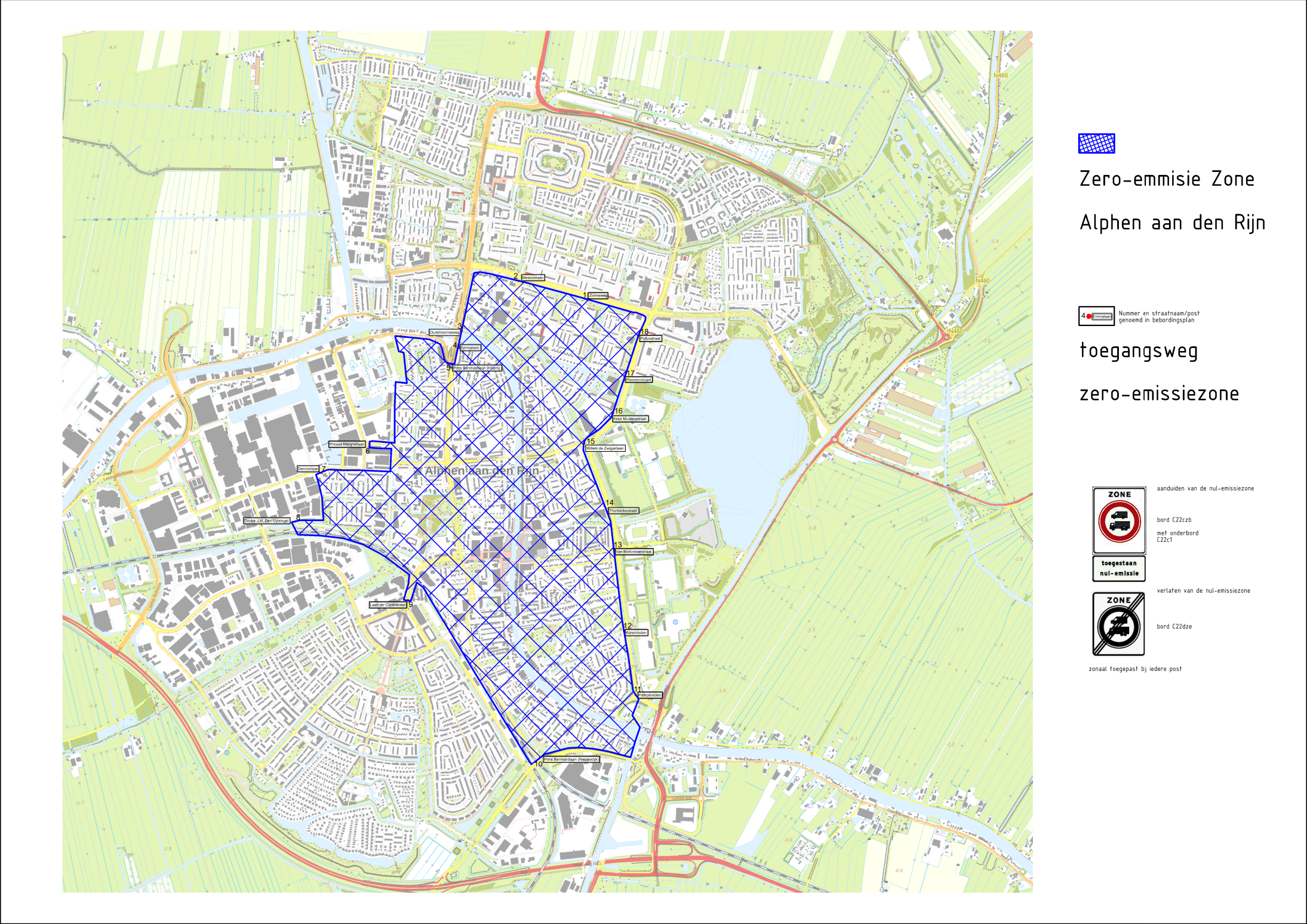 Kaart van Alphen aan den Rijn met de definitieve begrenzing van de zero-emissiezone.