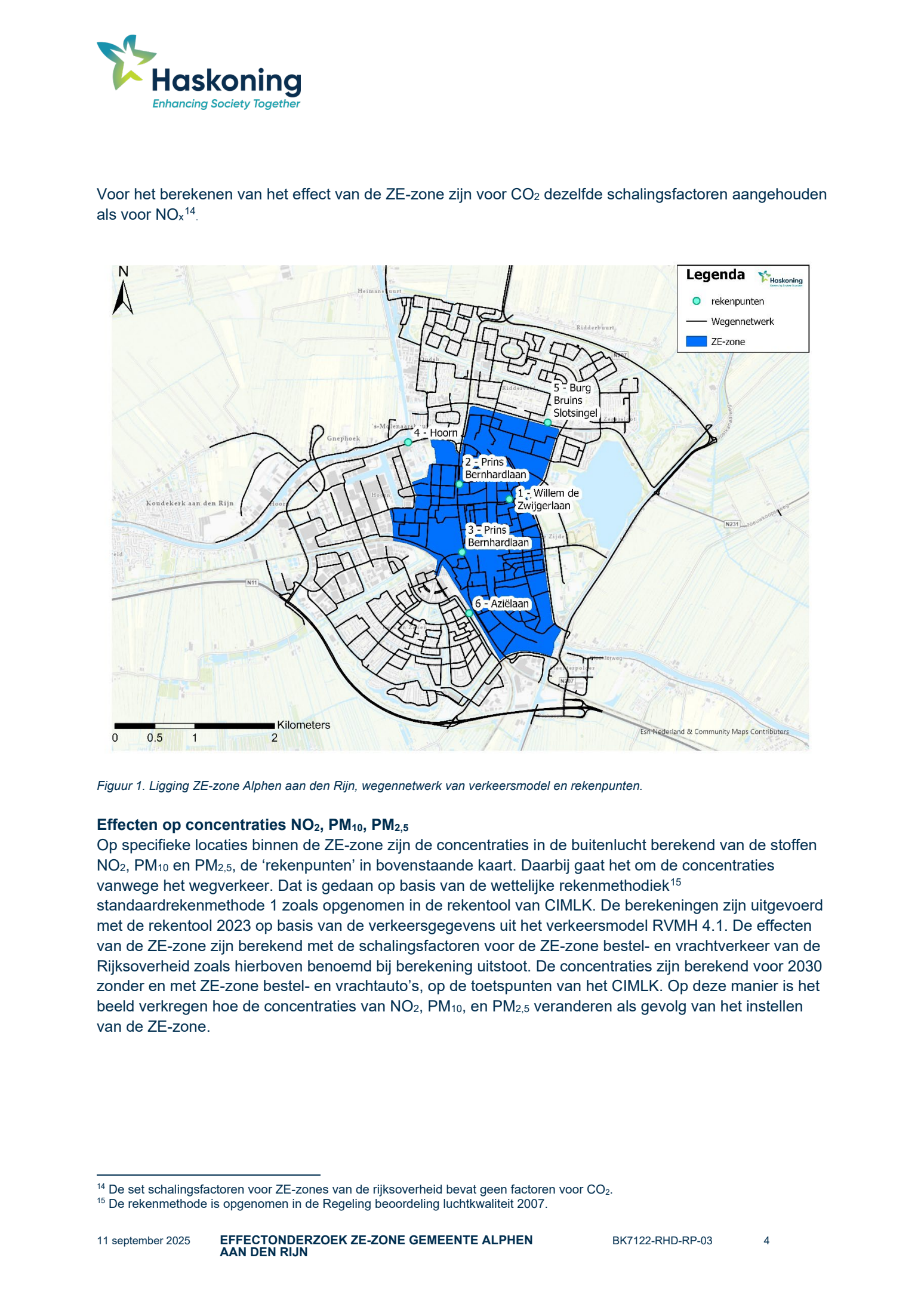 Kaart met drie rekenpunten binnen en drie buiten de zero-emissiezone in Alphen aan den Rijn.